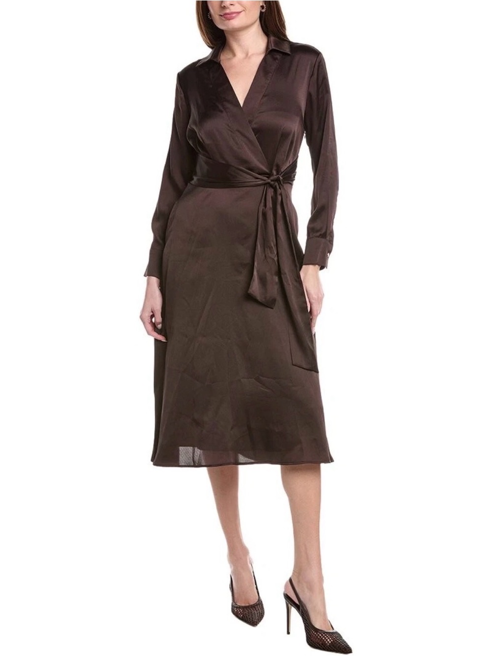 Tahari Asl Midi Dress Women's‎ Brown Satin Midi Collar Pockets 12 NWT